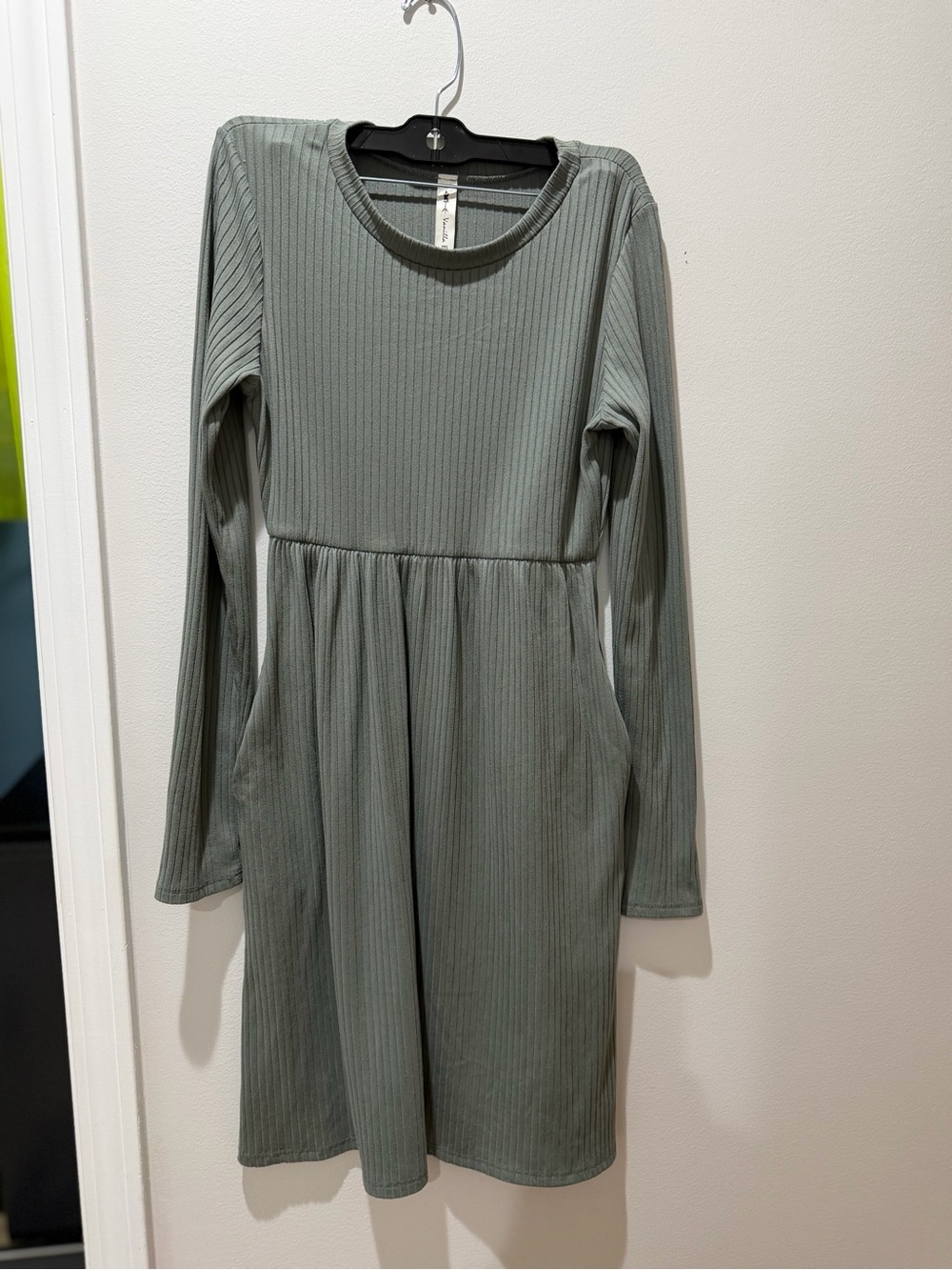Vanilla Bay Sage Green Ribbed Long-Sleeve Dress midi length